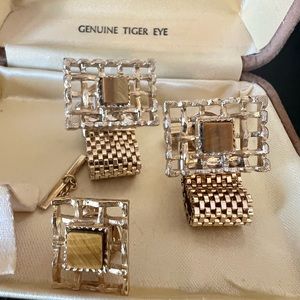 100% Genuine Tiger Eye & 14K Gold Mesh Cufflinks and Tie Tack